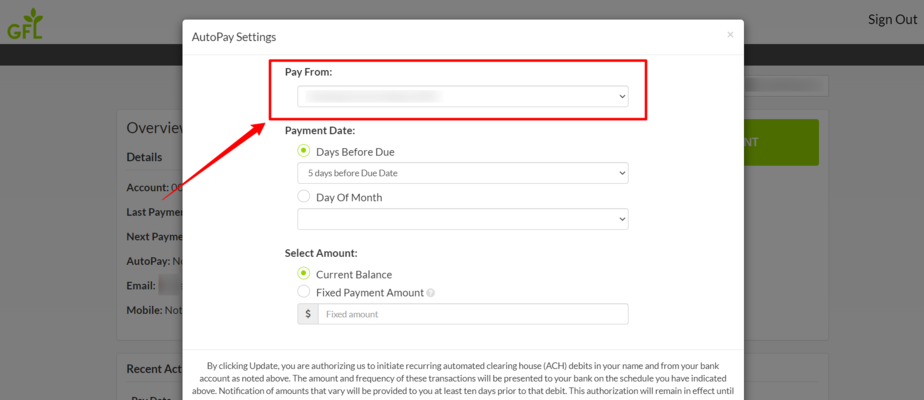 Select your account from the Pay From drop-down menu