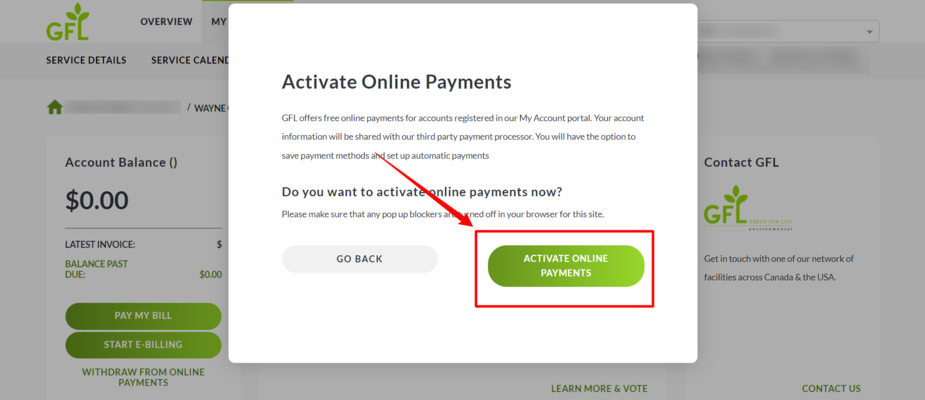 Click the Active Online Payments button