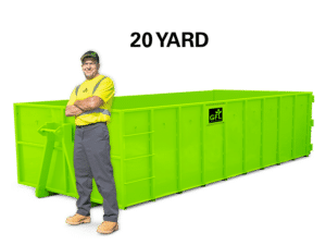 A man stands in front of a green 20 yard GFL roll off dumpster