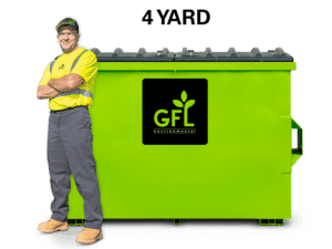 4 Yard Green GFL Dumpster with a man standing next to it
